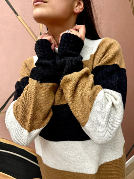 Maglia rigata m/cachemire - NERO