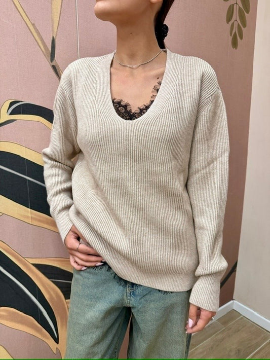 Pull scollo a V - BEIGE