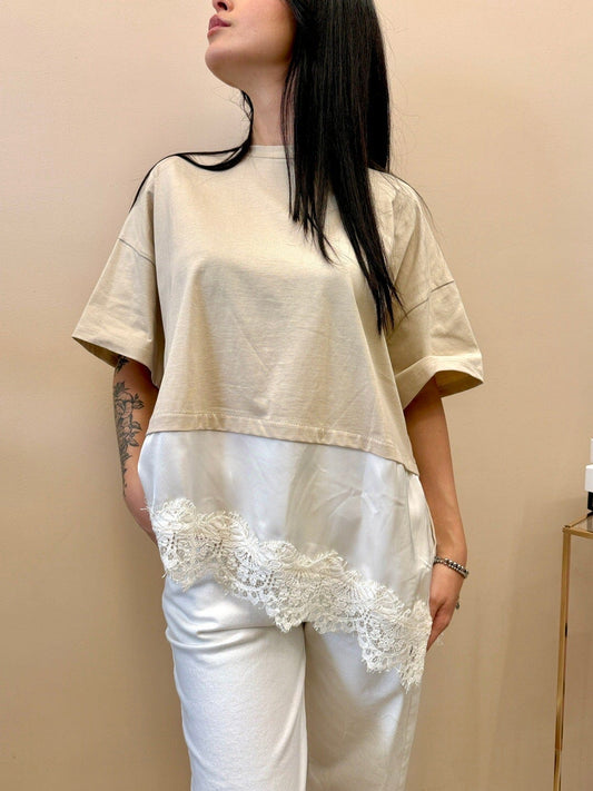 T-Shirt con pizzo - BEIGE