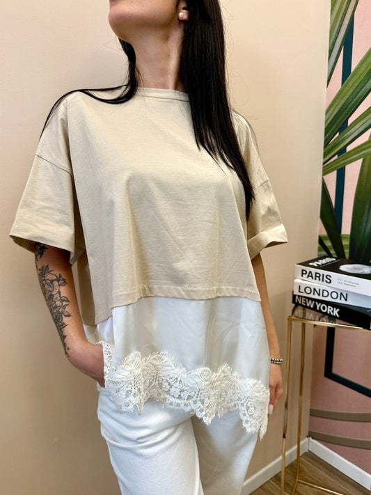 T-Shirt con pizzo - BEIGE