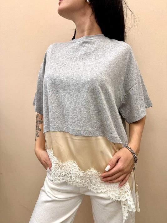 T-Shirt con pizzo - GRIGIO