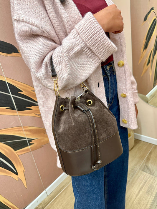 Secchiello mini in pelle e camoscio - MORO