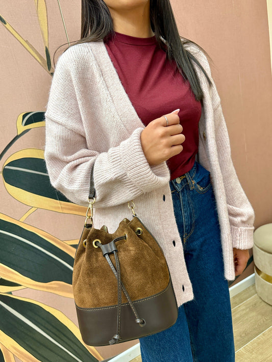 Secchiello mini in pelle e camoscio - TABACCO