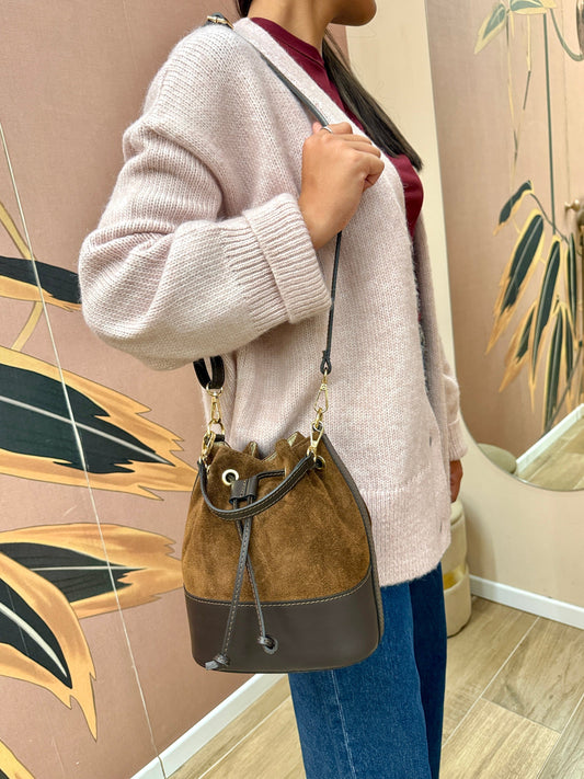 Secchiello mini in pelle e camoscio - TABACCO