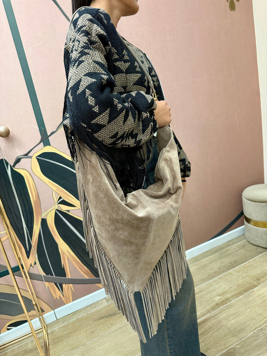 tracolla maxi con frange in pelle - SABBIA