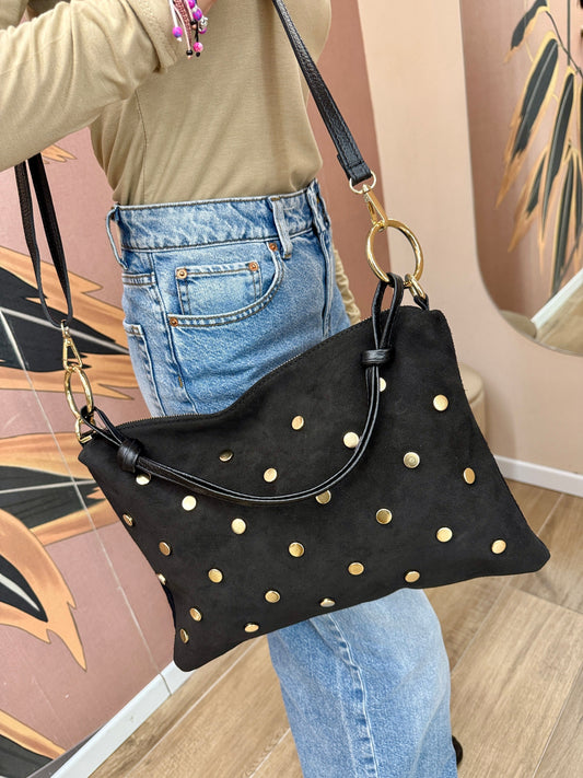 Pochette con borchie in camoscio - NERO