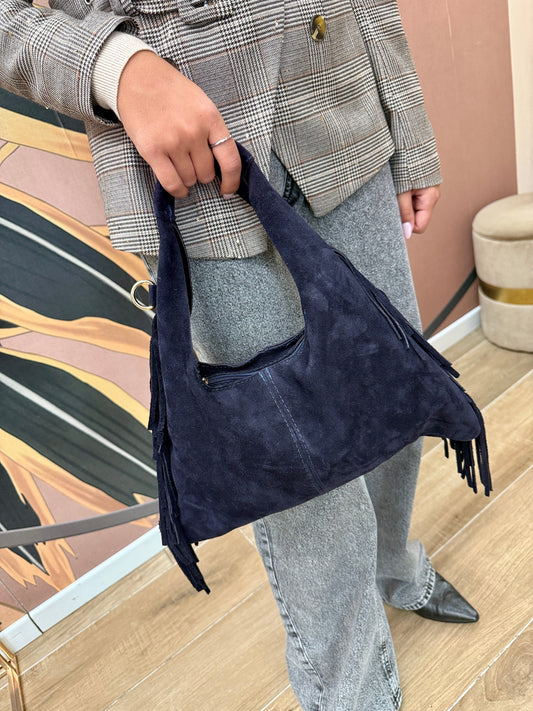 borsa a mano con frange in pelle - BLU