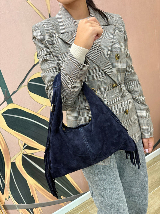 borsa a mano con frange in pelle - BLU