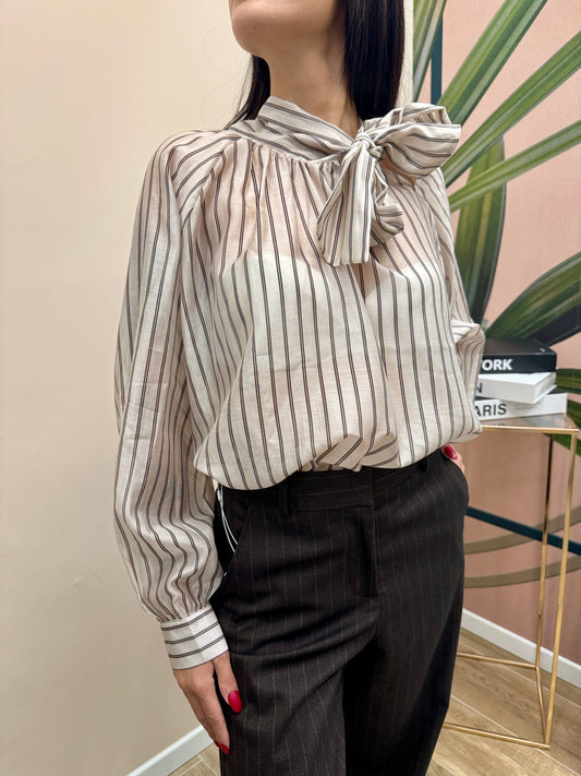 Camicia con fiocco gessata - PANNA