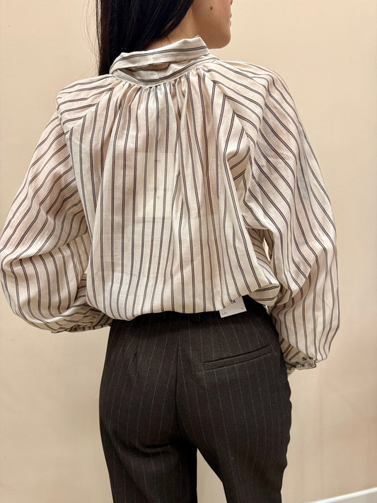 Camicia con fiocco gessata - PANNA