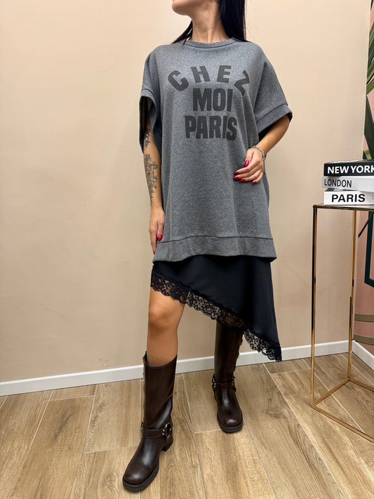 Abito in felpa con pizzo - GRIGIO