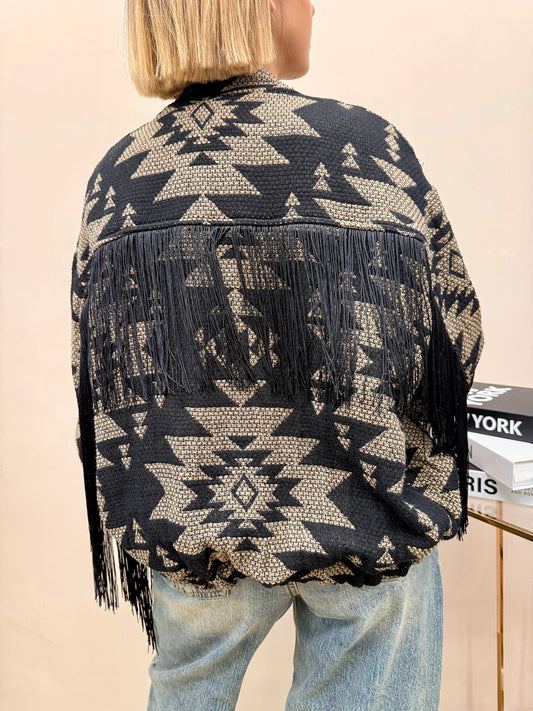 Bomber jacquard con frange - NERO