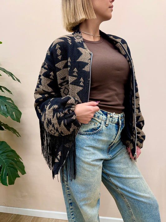 Bomber jacquard con frange - NERO