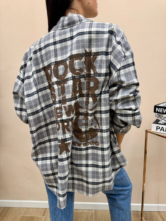 Camicia check con stampa - GRIGIO