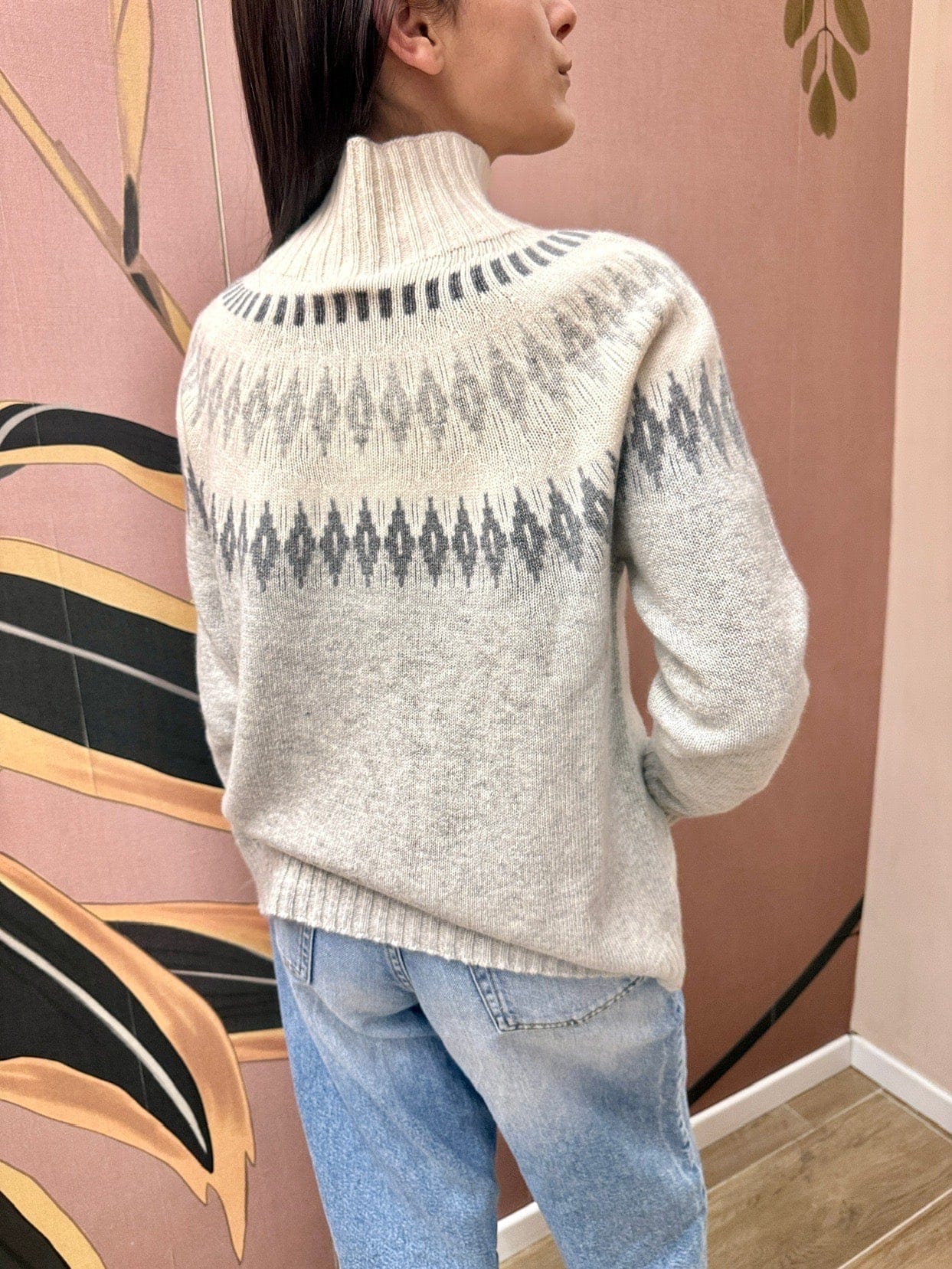 Maglia intarsio m/cachemire - GRIGIO