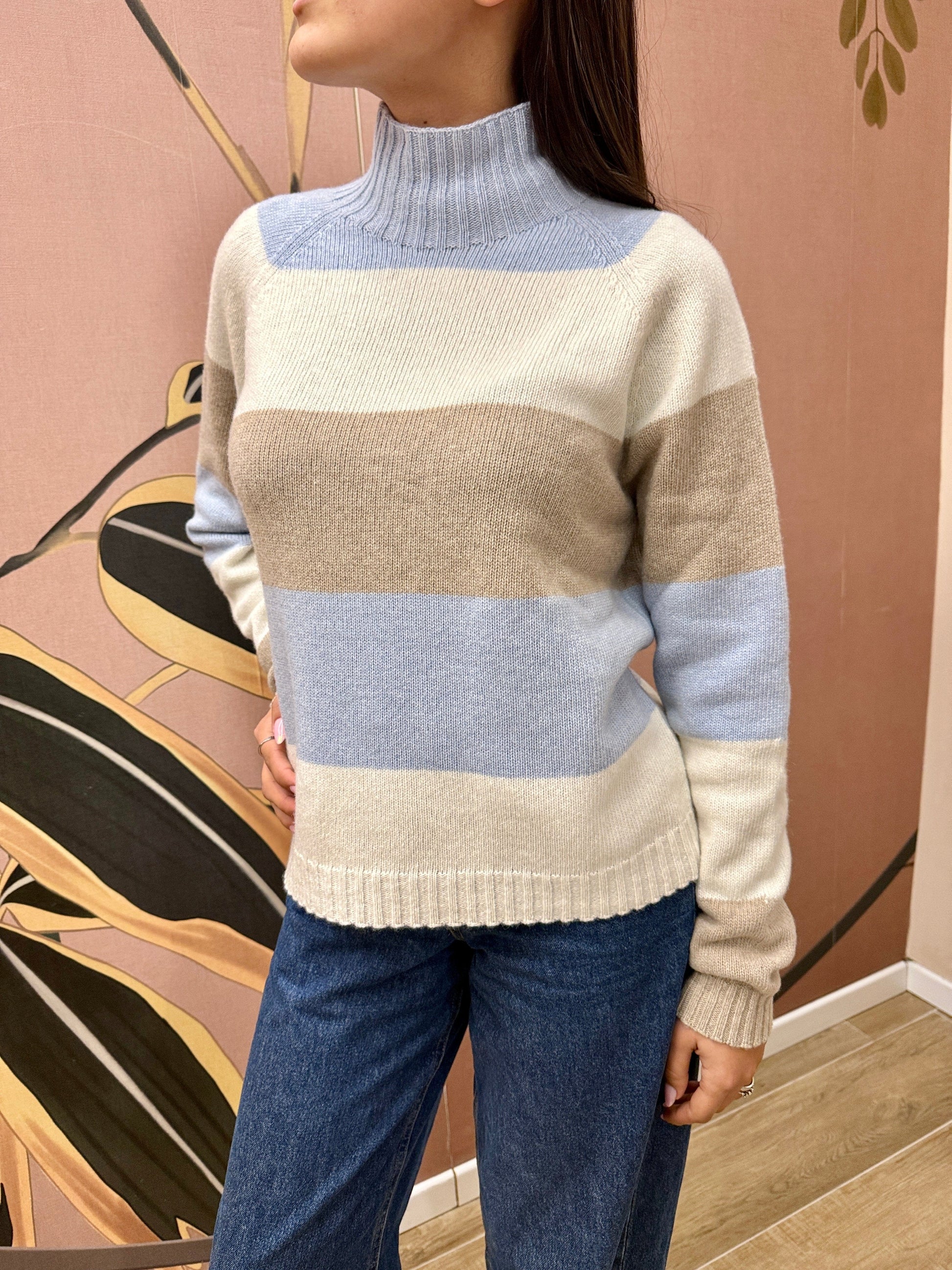 Maglia rigata m/cachemire - CELESTE