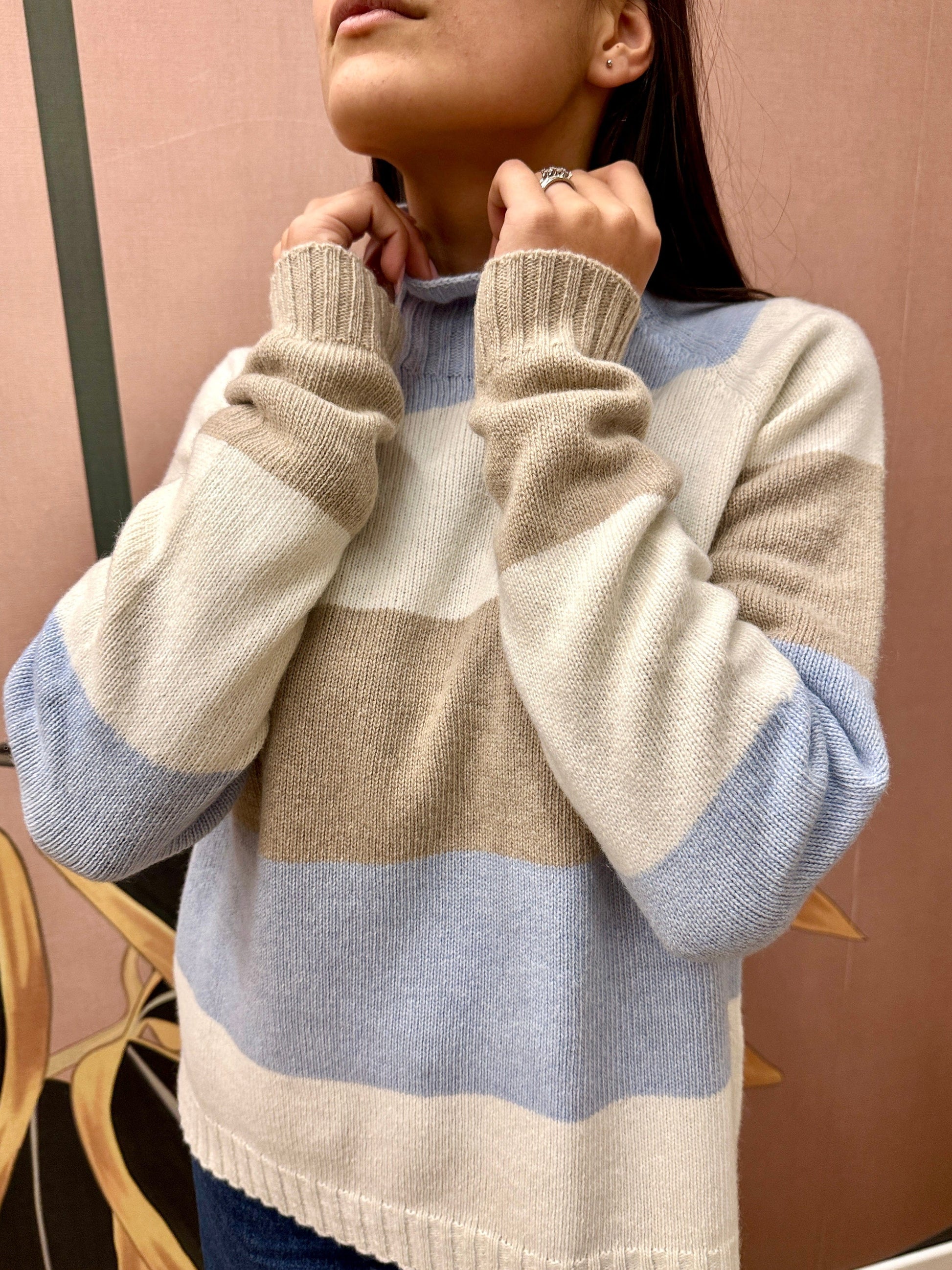 Maglia rigata m/cachemire - CELESTE