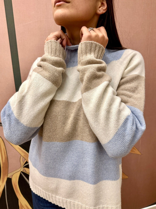Maglia rigata m/cachemire - CELESTE