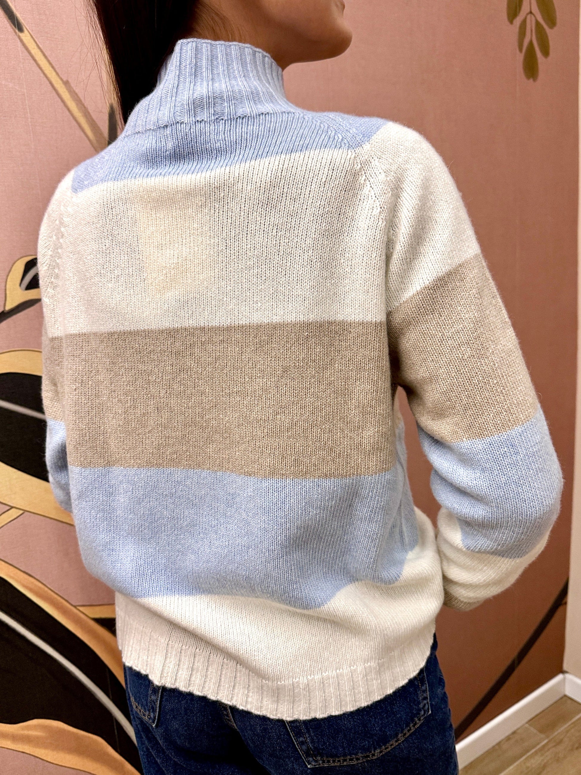 Maglia rigata m/cachemire - CELESTE