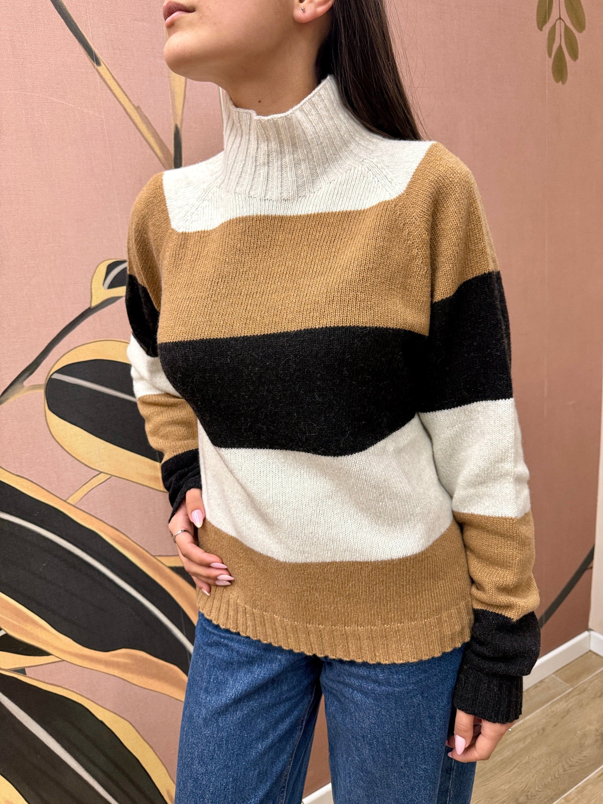 Maglia rigata m/cachemire - NERO