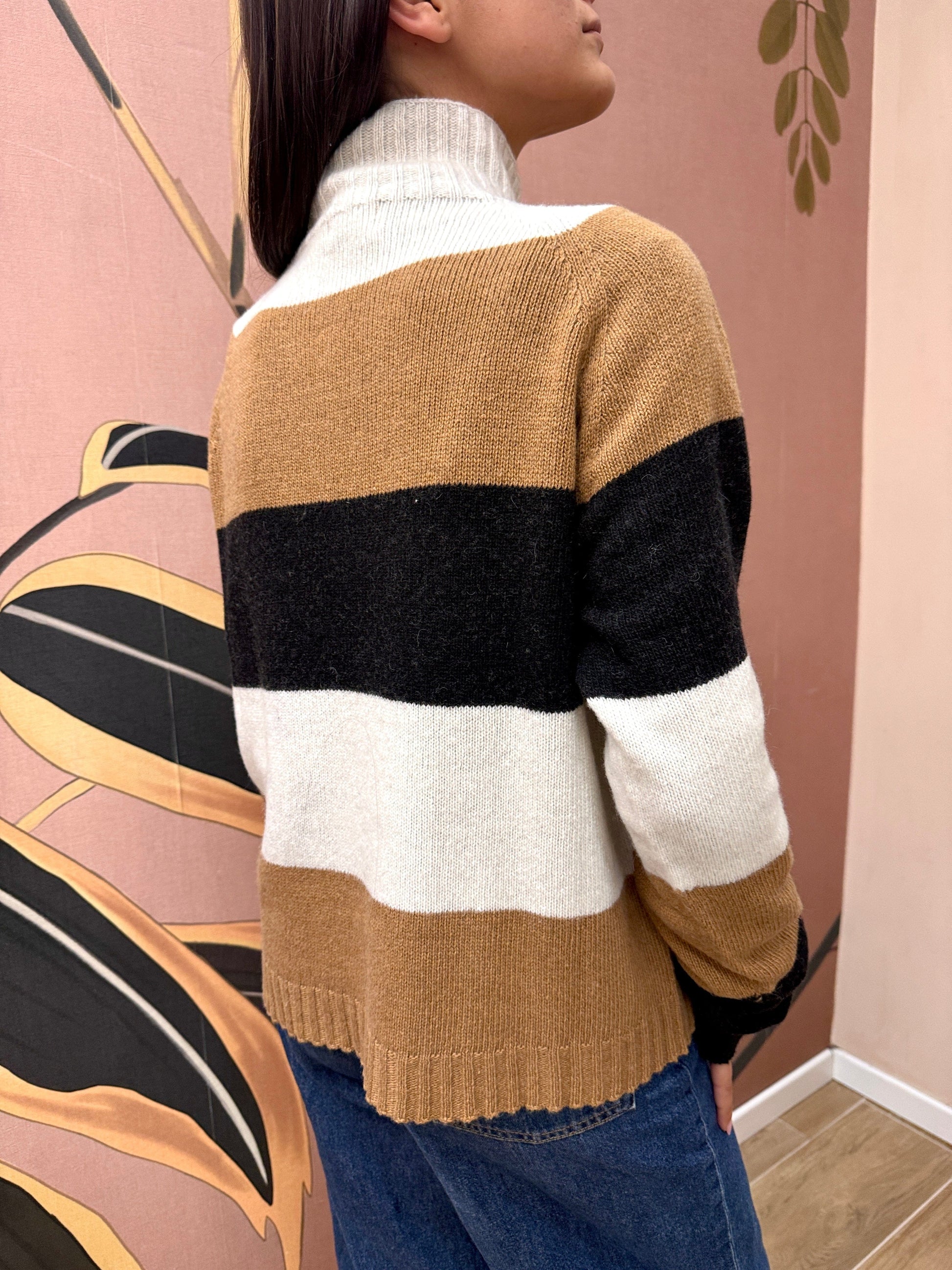 Maglia rigata m/cachemire - NERO