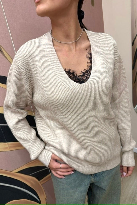 Pull scollo a V - BEIGE