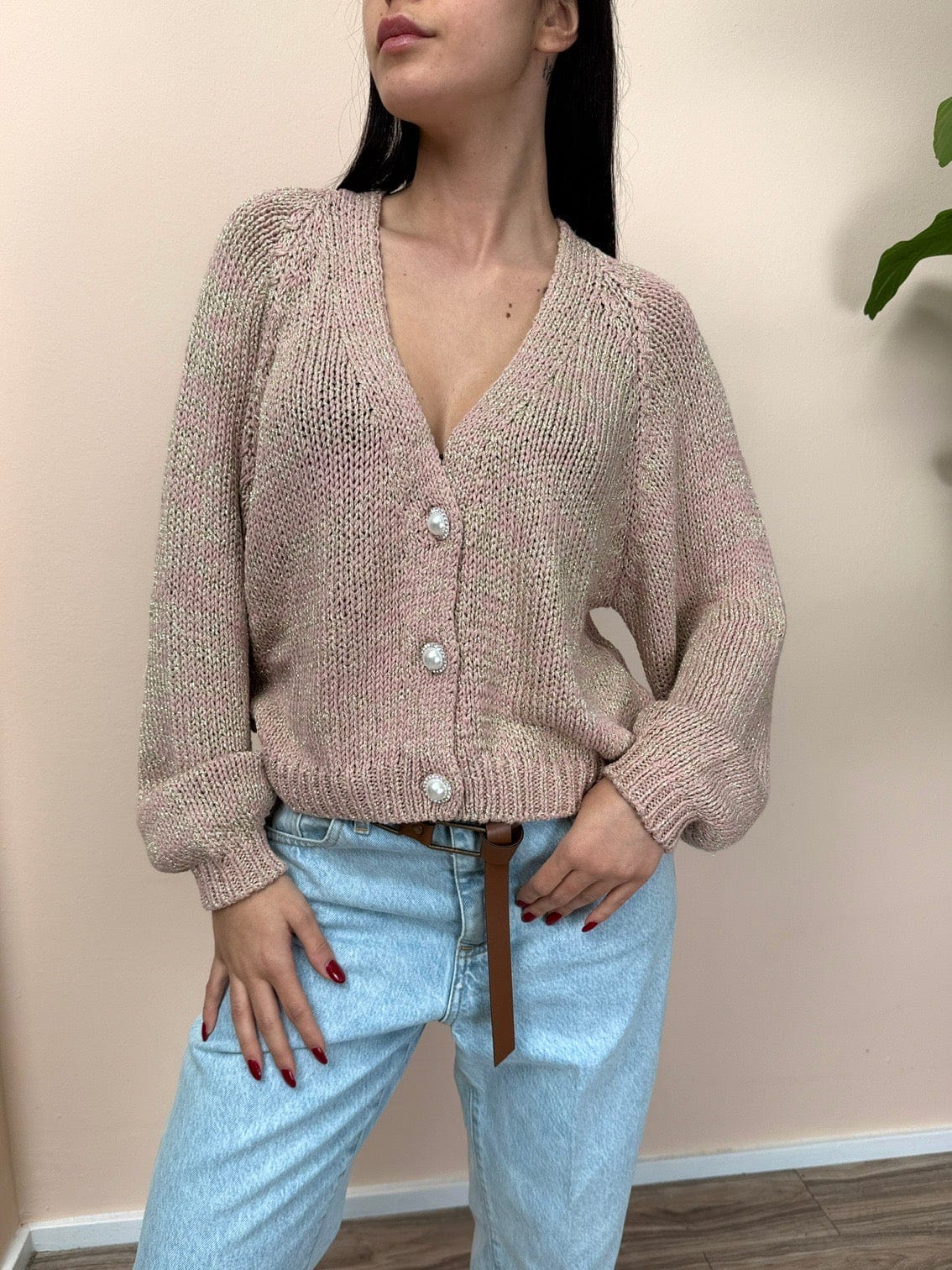 Cardigan bottone gioiello - ROSA
