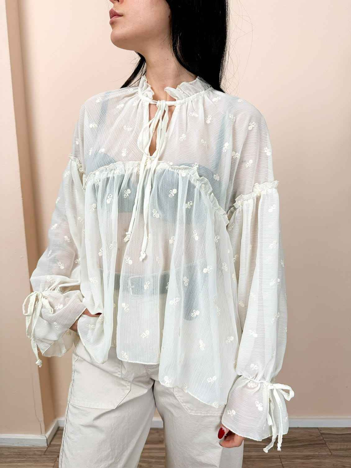 Camicia ricamata - PANNA