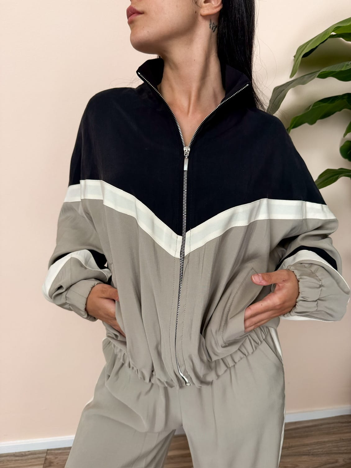 Bomber fantasia in viscosa - NERO/GRIGIO