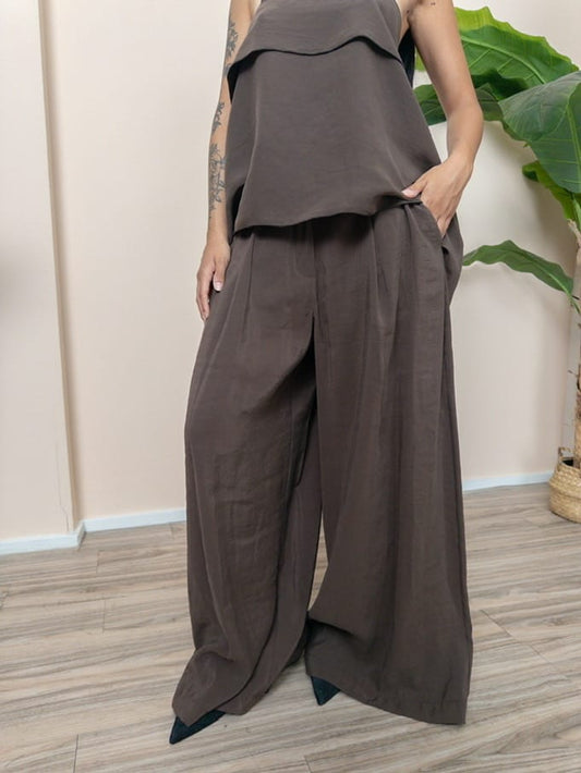 Pantalone largo pince - CACAO