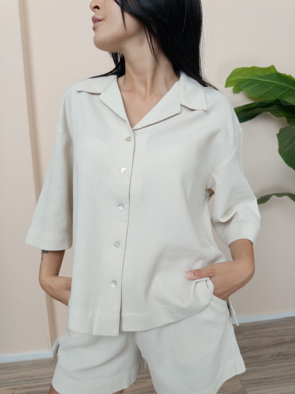 Camicia waffle 3/4 - BEIGE