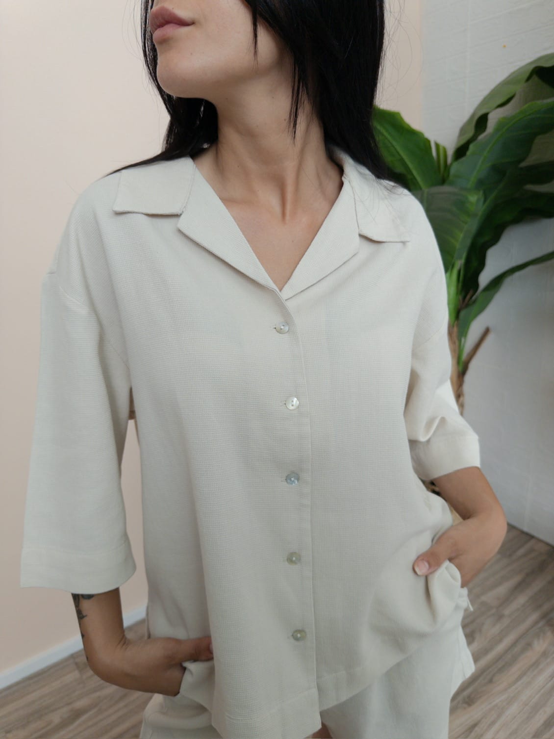 Camicia waffle 3/4 - BEIGE
