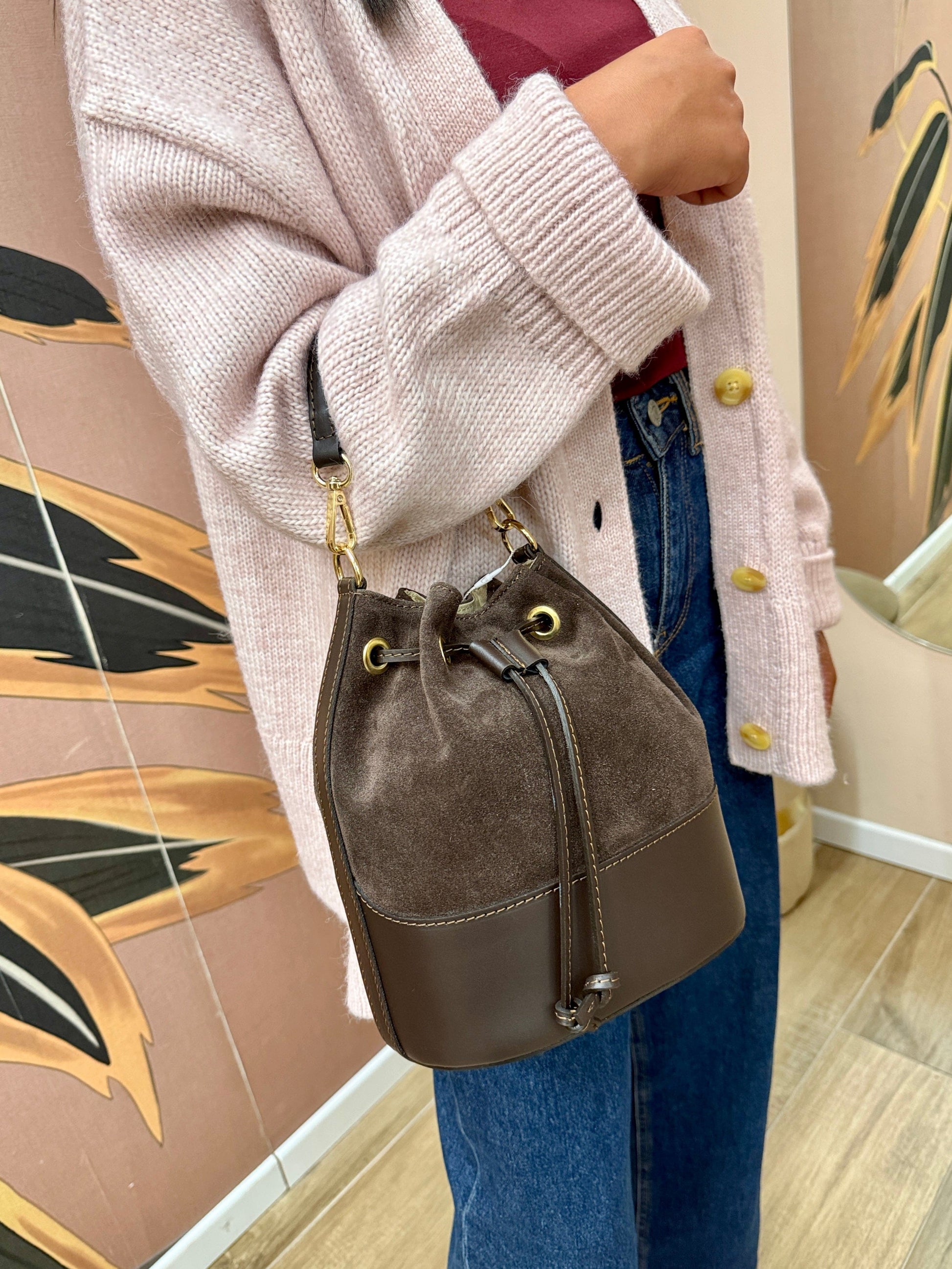 Secchiello mini in pelle e camoscio - MORO