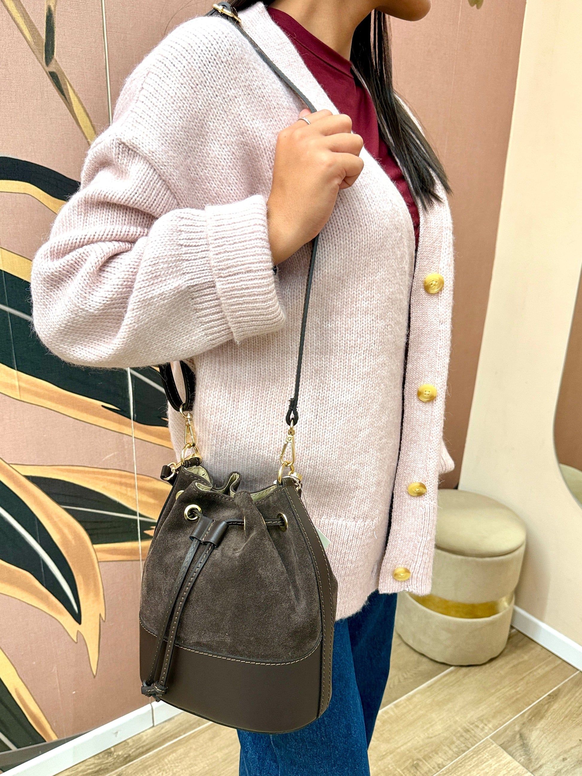 Secchiello mini in pelle e camoscio - MORO