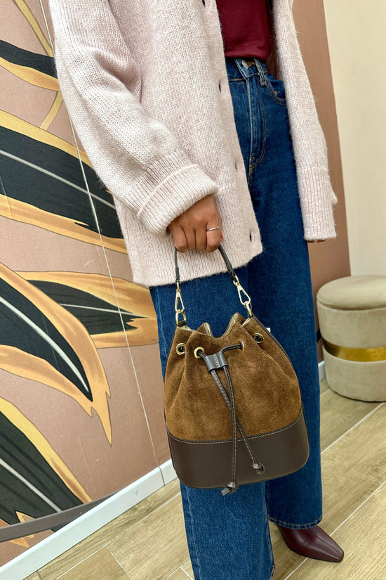 Secchiello mini in pelle e camoscio - TABACCO