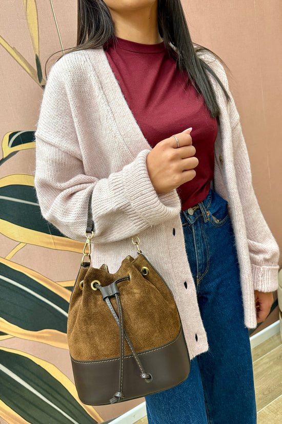 Secchiello mini in pelle e camoscio - TABACCO