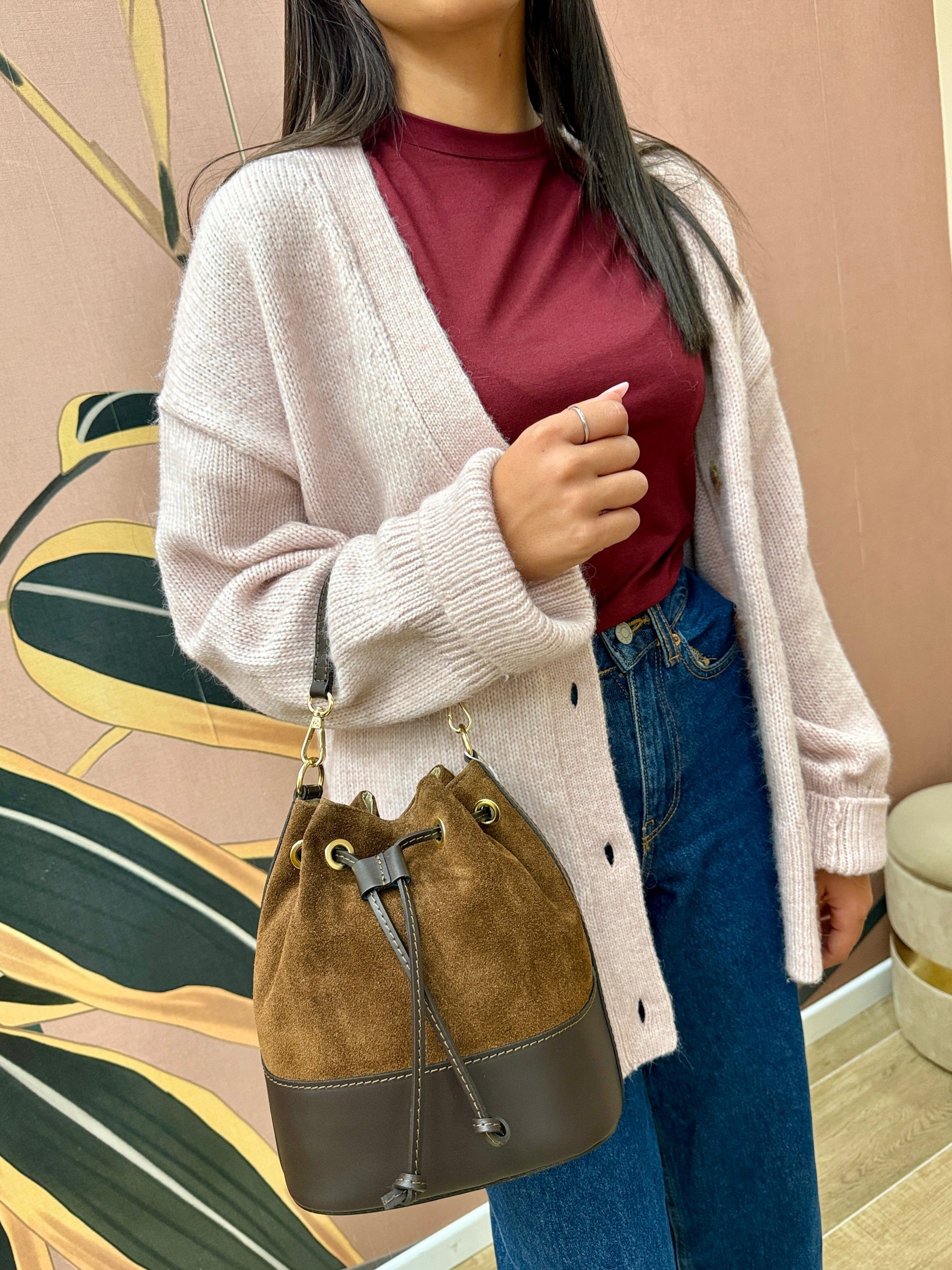 Secchiello mini in pelle e camoscio - TABACCO