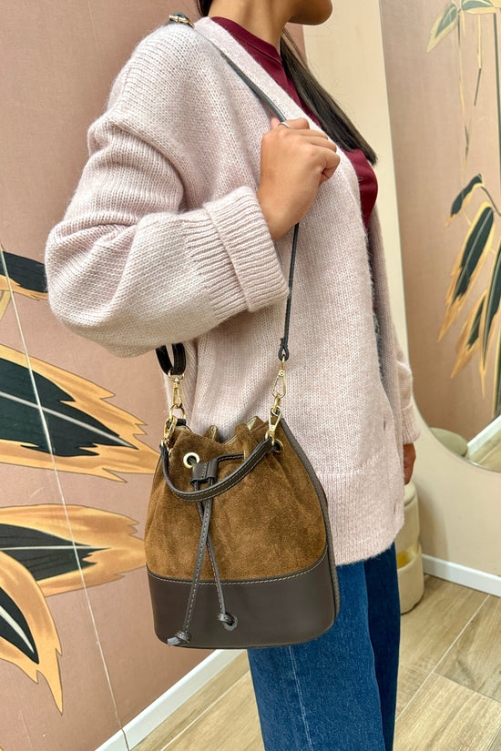 Secchiello mini in pelle e camoscio - TABACCO