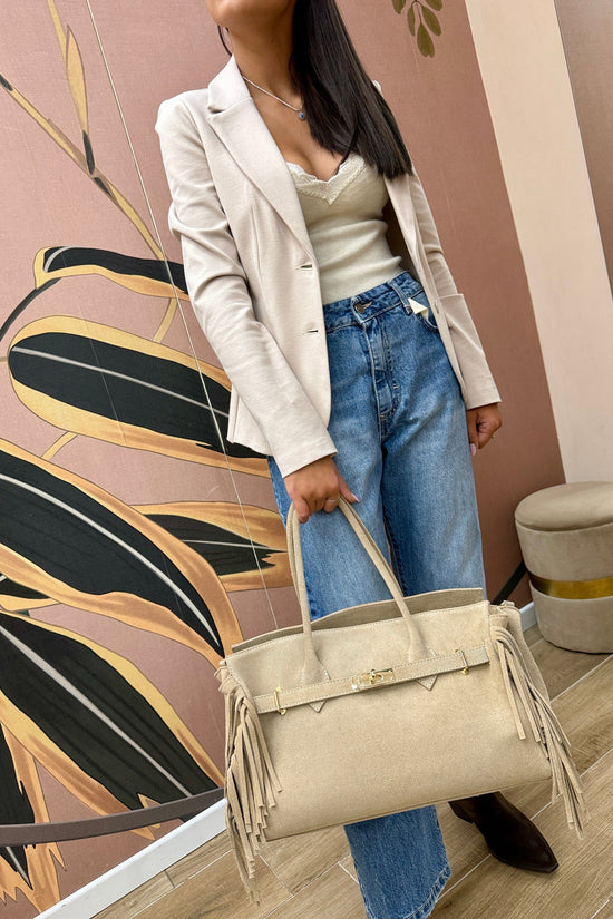 borsa camoscio con frange misura grande - SABBIA