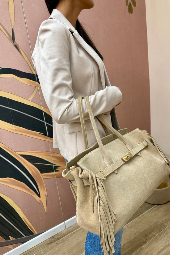 borsa camoscio con frange misura grande - SABBIA
