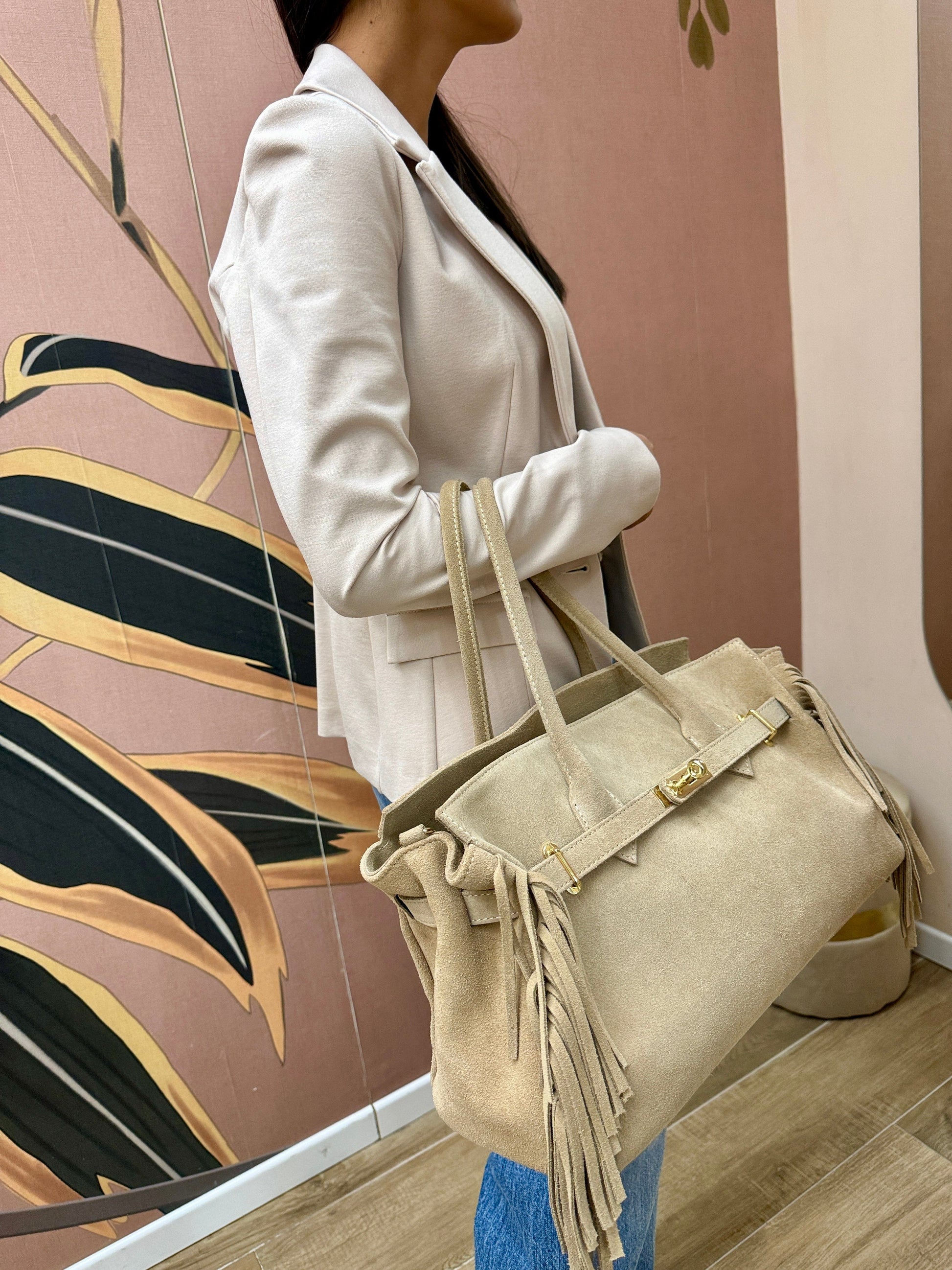 borsa camoscio con frange misura grande - SABBIA