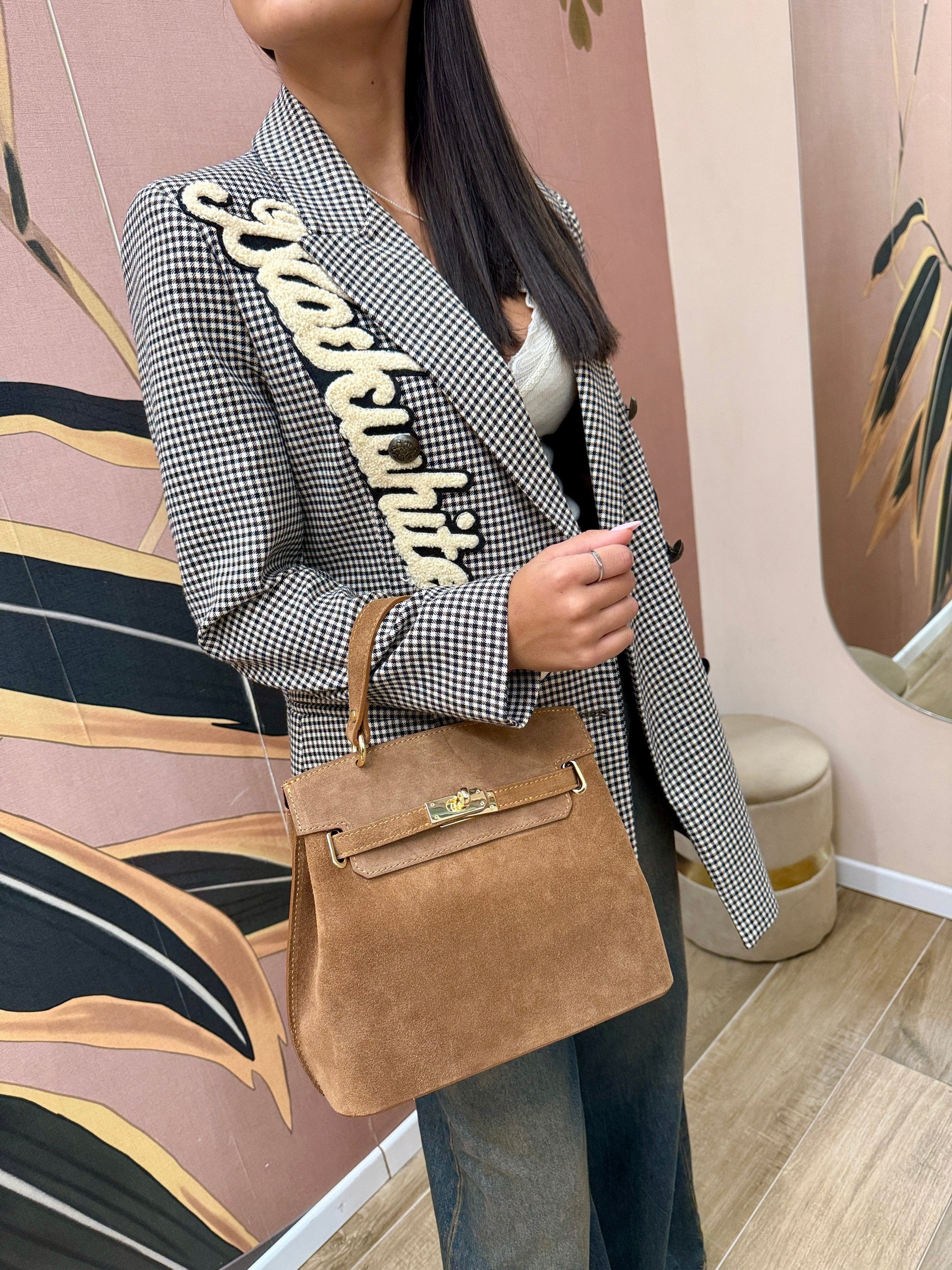 borsa con morsetto in camoscio - CUOIO