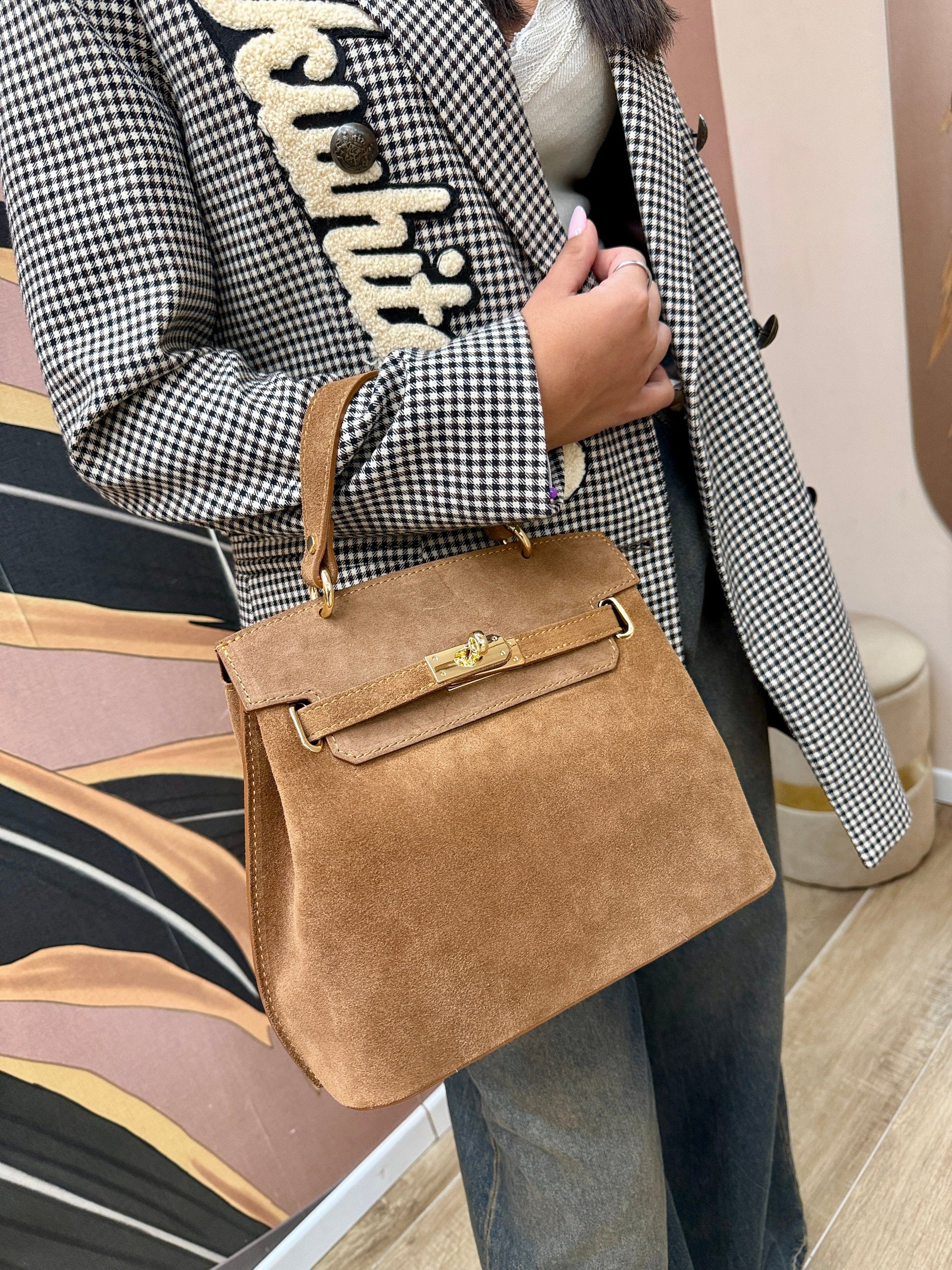 borsa con morsetto in camoscio - CUOIO