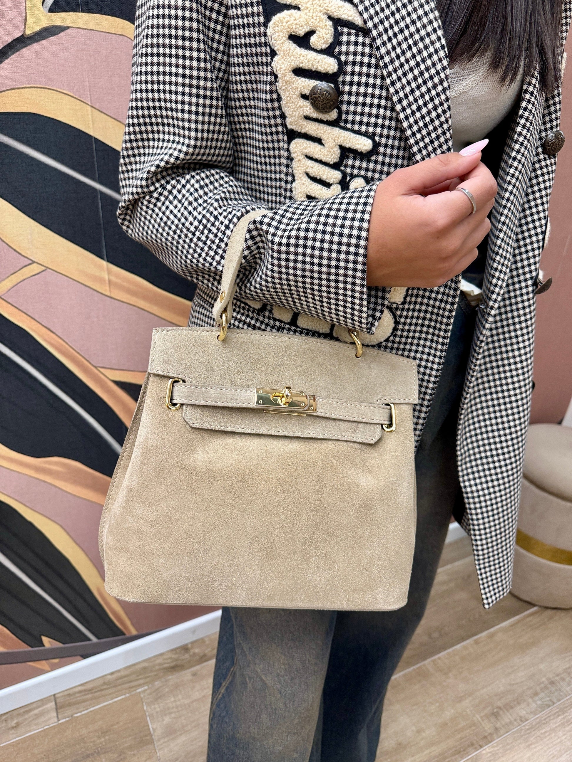 borsa con morsetto in camoscio - BEIGE