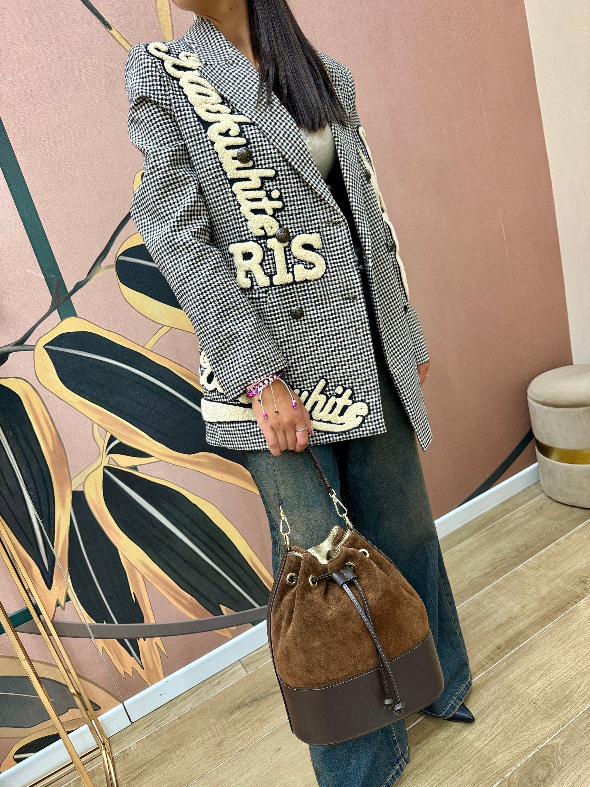 Secchiello medio in pelle e camoscio - TABACCO