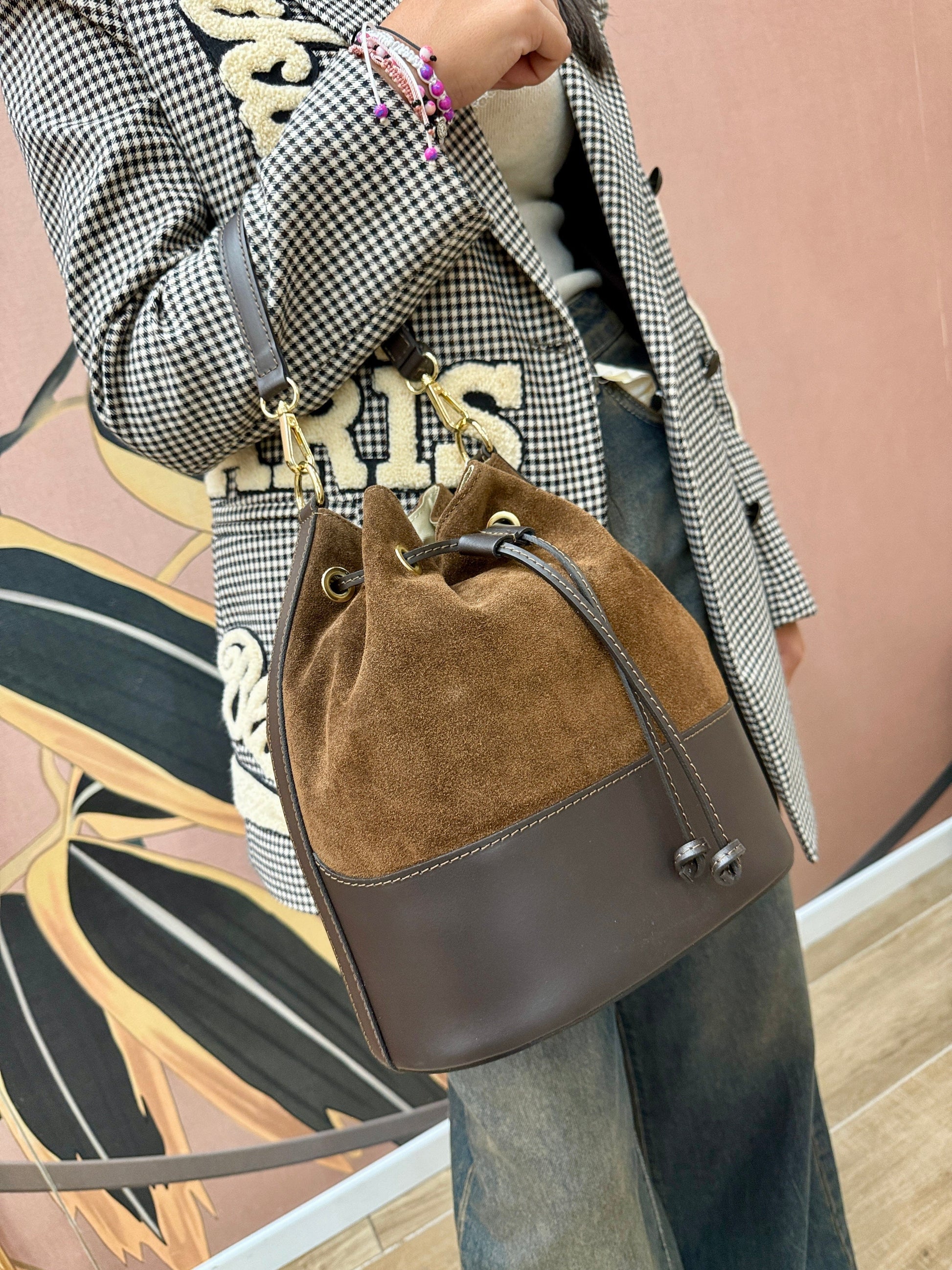 Secchiello medio in pelle e camoscio - TABACCO