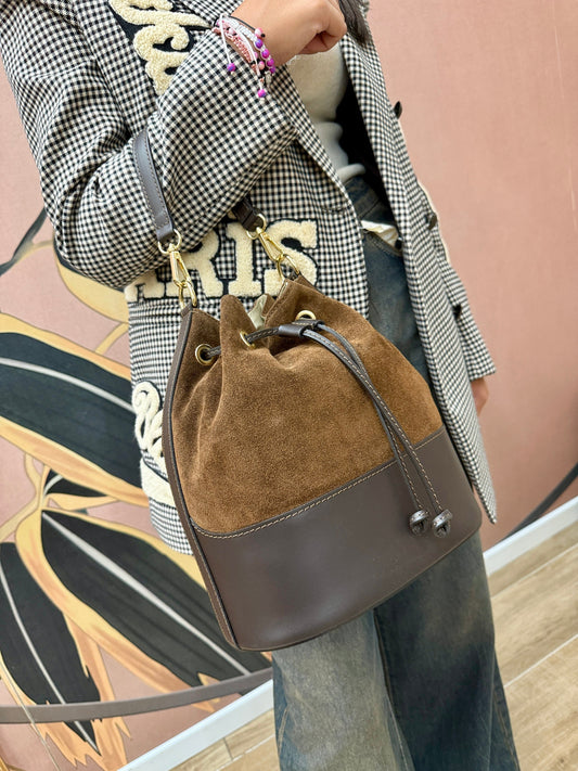 Secchiello medio in pelle e camoscio - TABACCO