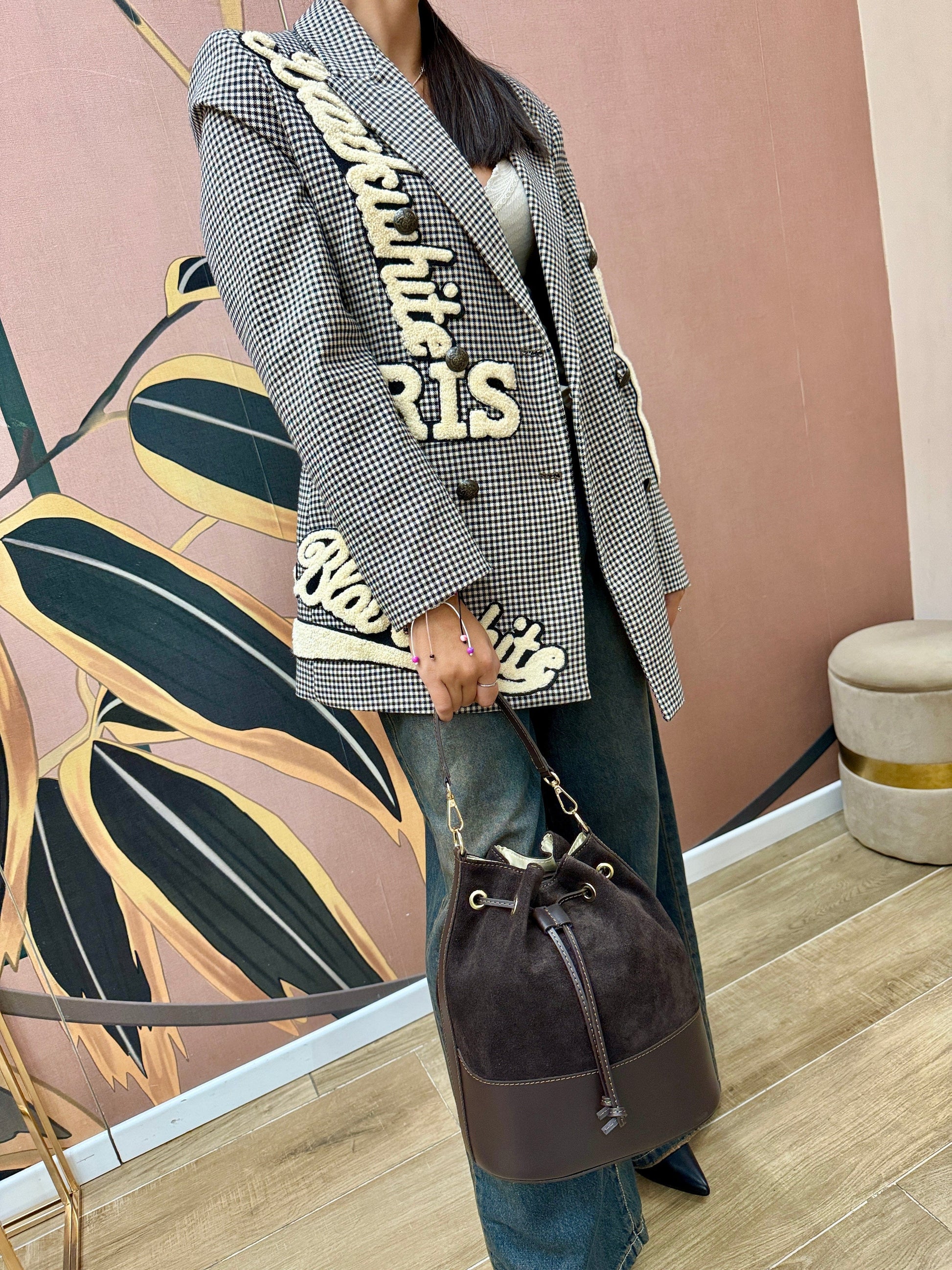 Secchiello medio in pelle e camoscio - MORO