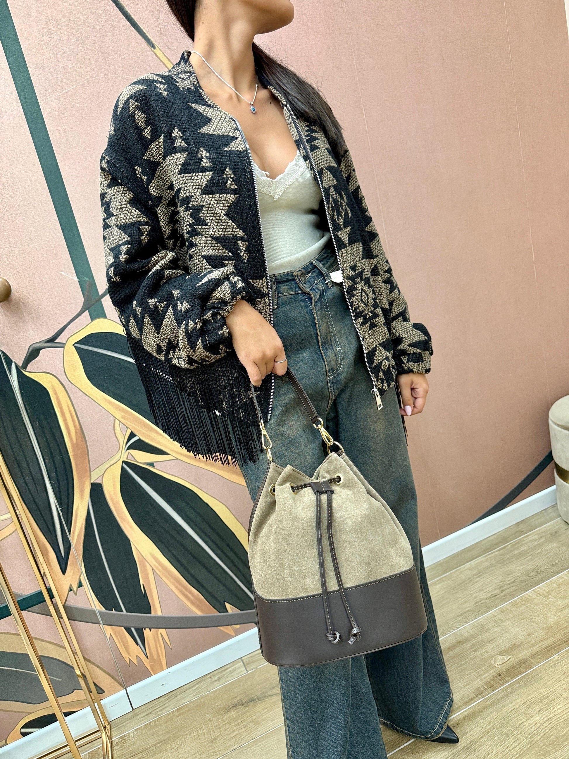 Secchiello medio in pelle e camoscio - TORTORA