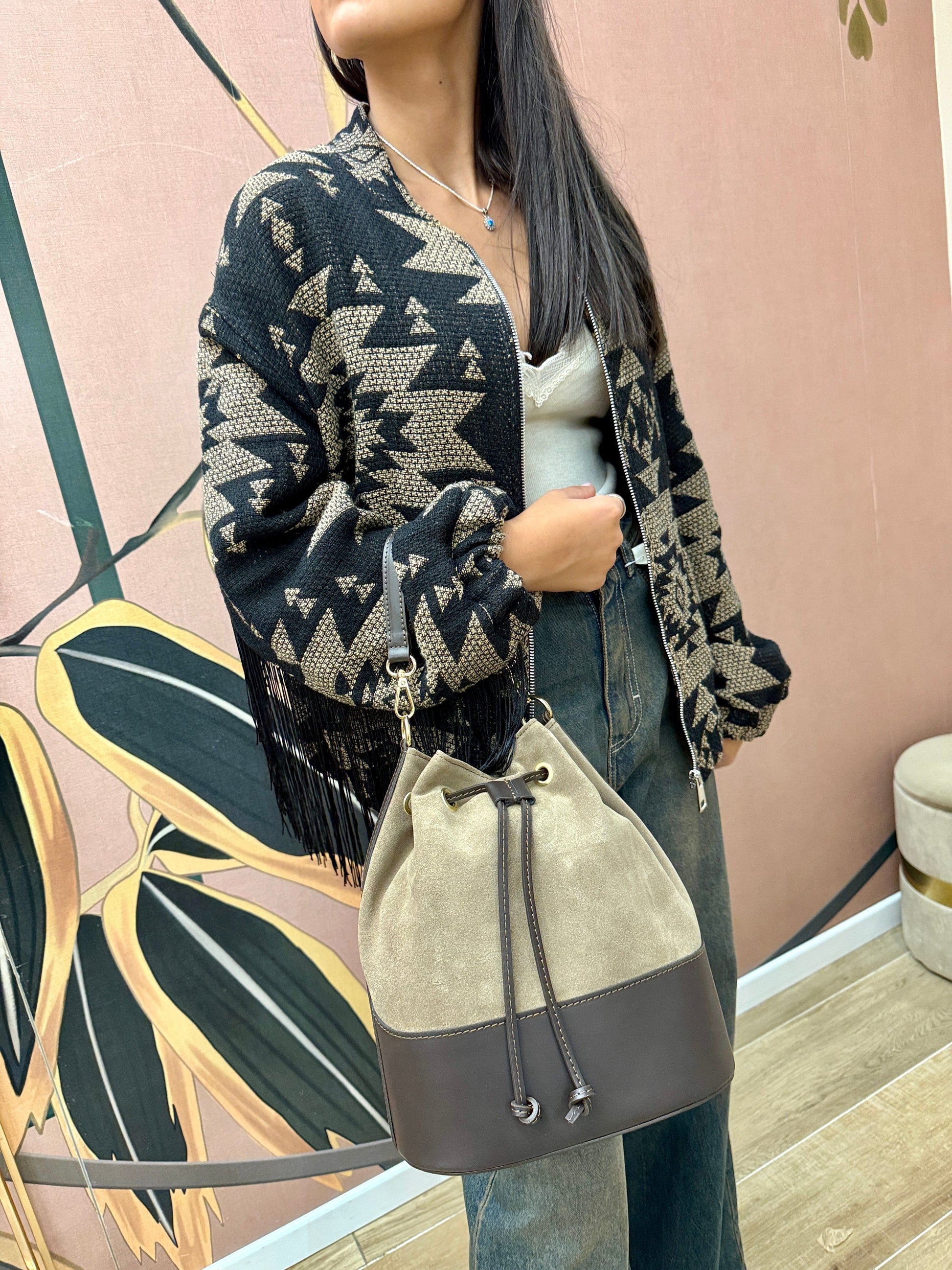 Secchiello medio in pelle e camoscio - TORTORA